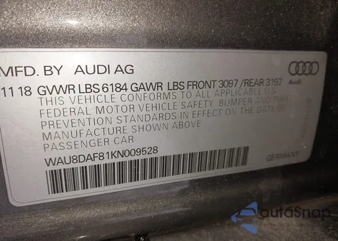 2019 Audi A8 L 55 from USA, damaged, VIN WAU8DAF81KN009528